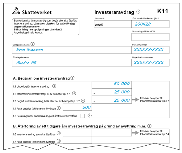 Exempelbild på den ifyllda blanketten K11 Investeraravdrag för företaget Mindre AB.