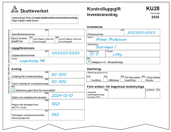 Exempel på ifylld Kontrolluppgift Investeraravdrag KU28. Samma siffror som Exempel 2.