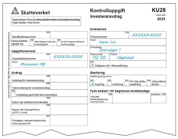 Exempel på ifylld Kontrolluppgift Investeraravdrag KU28. Samma siffror används i exempeltexten under rubriken Exempel.
