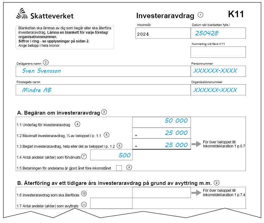 Blankett K11 (Investeraravdrag) med ifyllda exempel. Samma information finns i texten under rubriken Exempel.