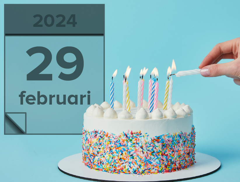 Födelsedagstårta med ljus. I bakgrunden ett kalenderblad med datumet 29 februari 2024.