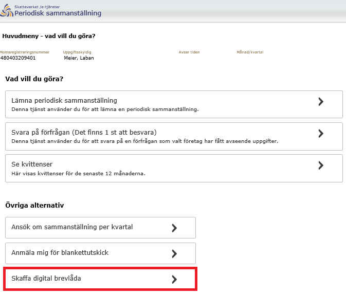 Image from the e-service showing the option Get a digital mailbox (Skaffa digital brevlåda).