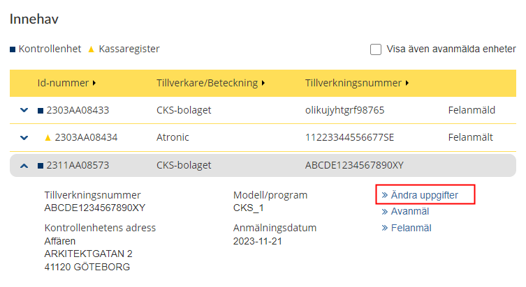 Image of where to click to access the Change Information form (ändra uppgifter).